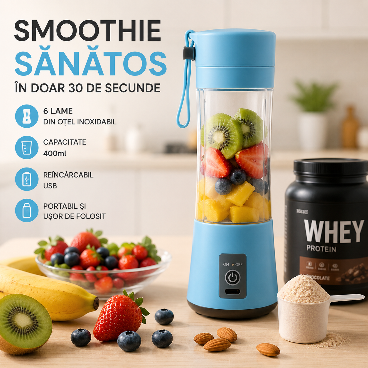 🥉 NutriBlend™ – Blender Portabil USB 400ml