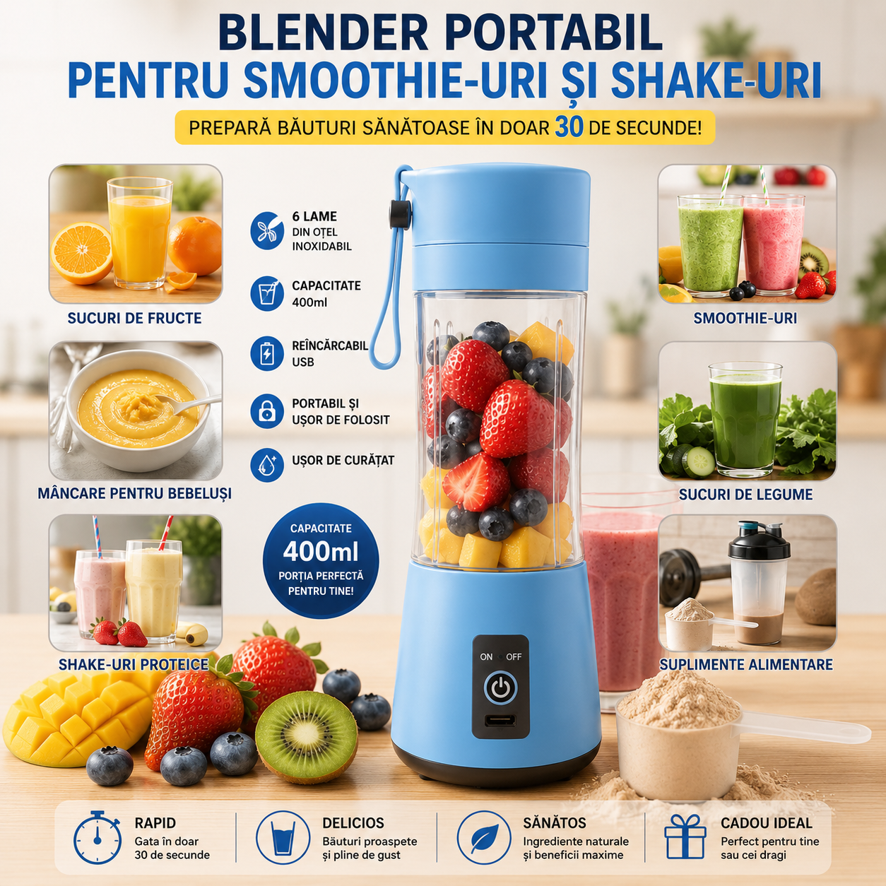 🥉 NutriBlend™ – Blender Portabil USB 400ml
